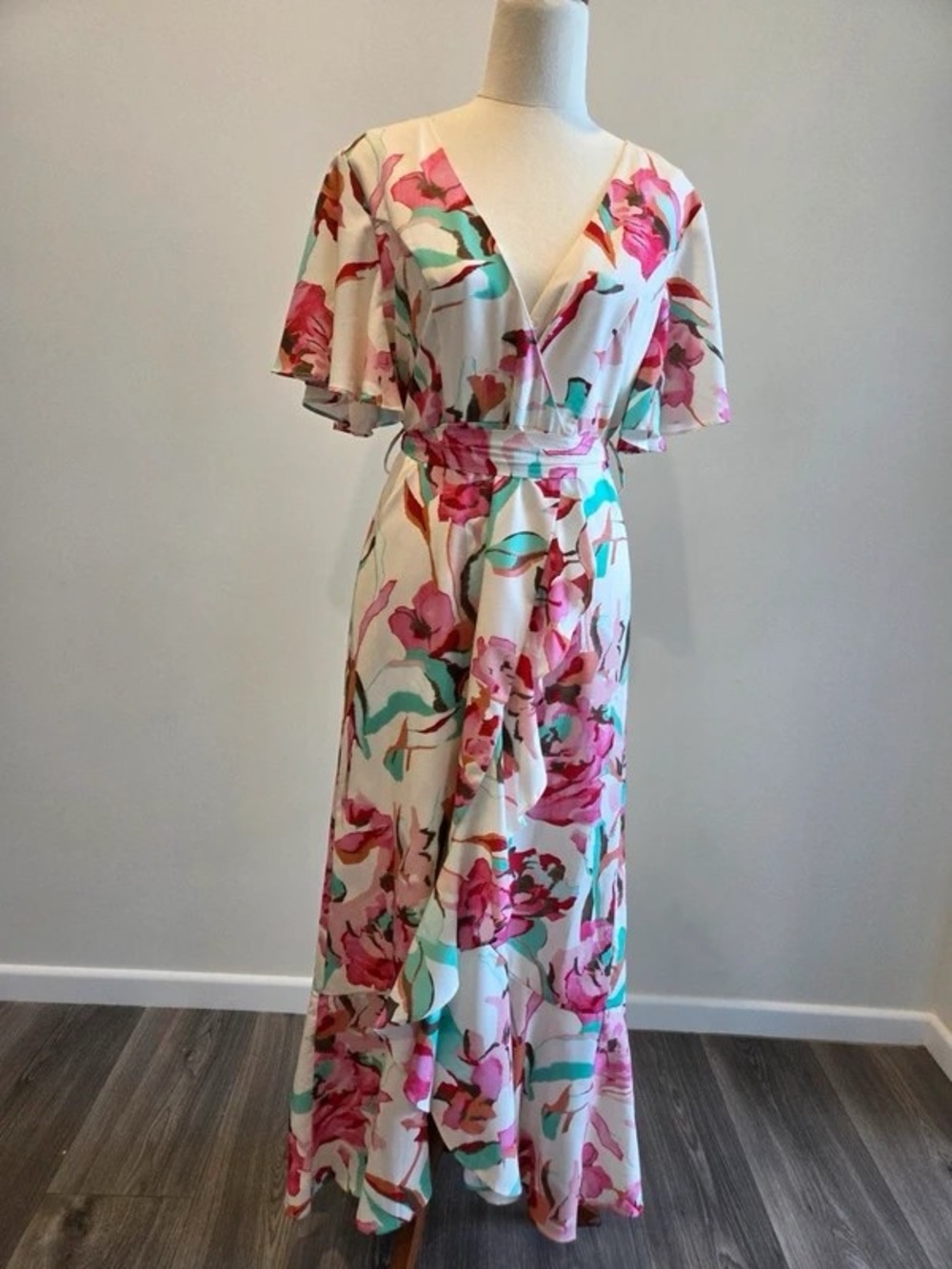 Cream Floral Wrap Maxi Dress with Pink & Aqua Blooms